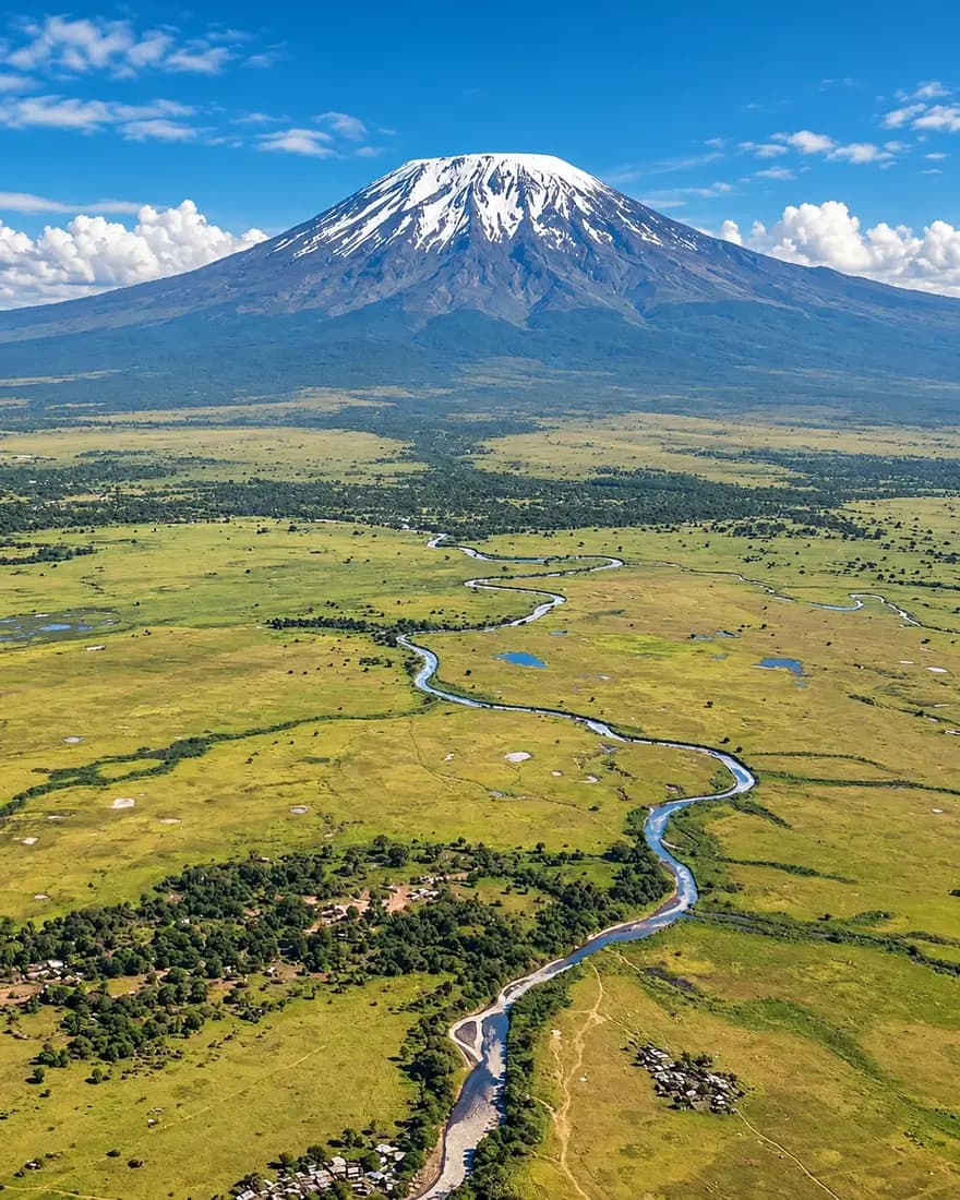 Mount Kilimanjaro rising over the Tanzanian landscape beneath a blue sky