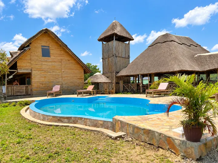 Sunlit lodge and pool